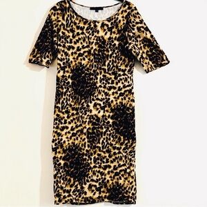 Snap Leopard-Print Midi Dress in Black & Tan Size M